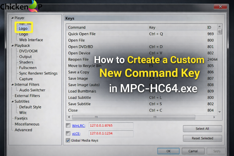 how to crteate a custom new command key in mpc-hc64.exe​